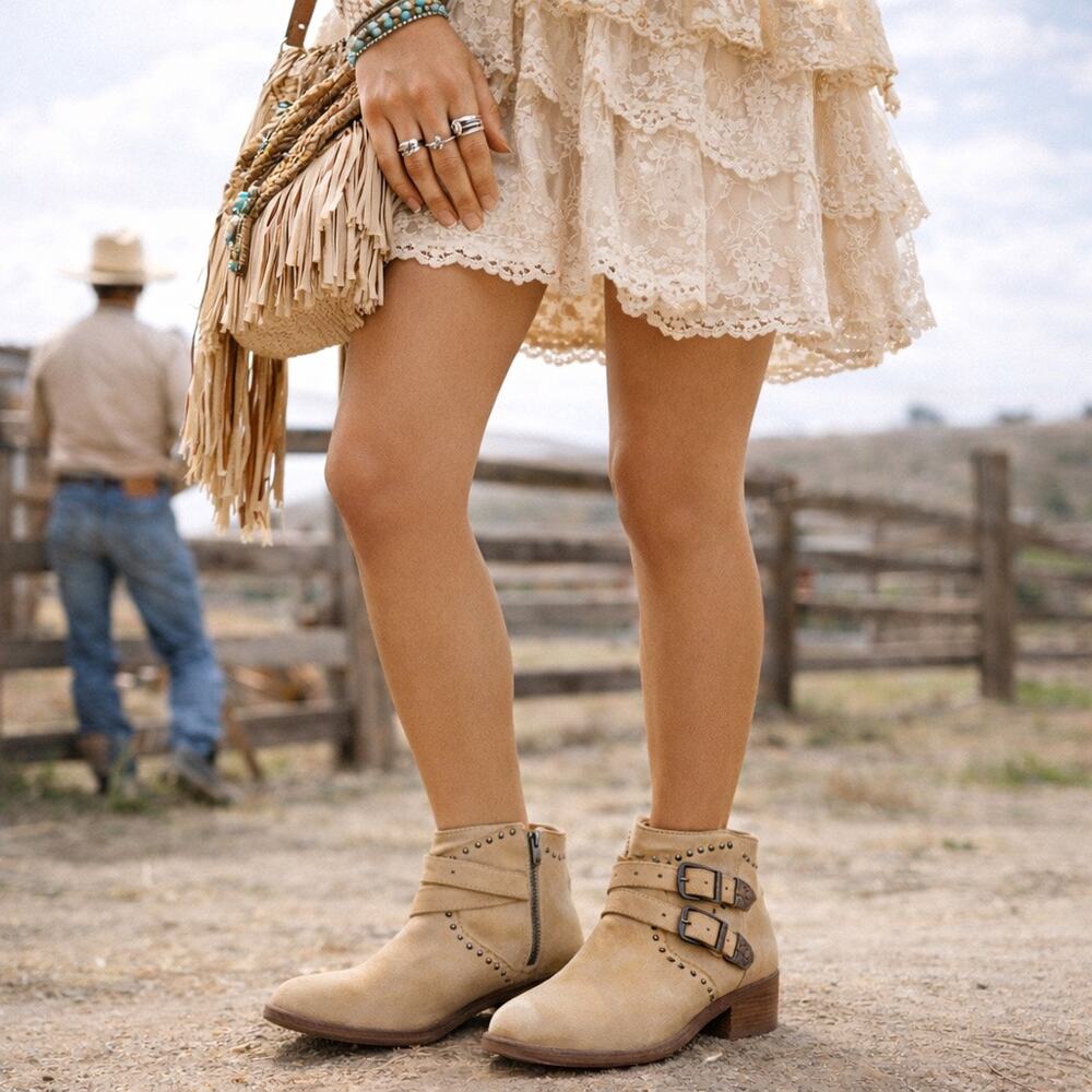 Frye Ellen Studs Girls EU 36 US 5 Tan Leather Western Buckle Studded Ankle Boot - Picture 1 of 8